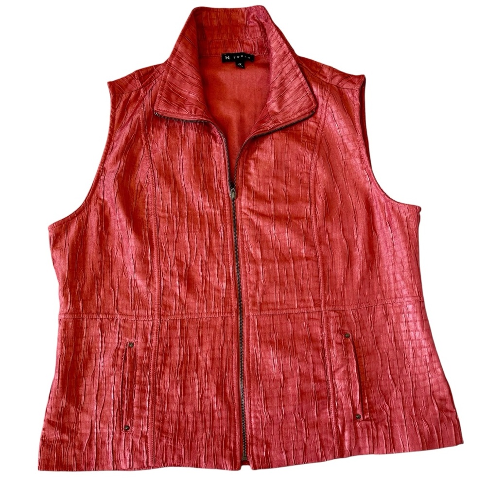 N Touch 1X-Lt Auburn Crinkle Texture Lightweight Easy Care Zip Front Vest Casual